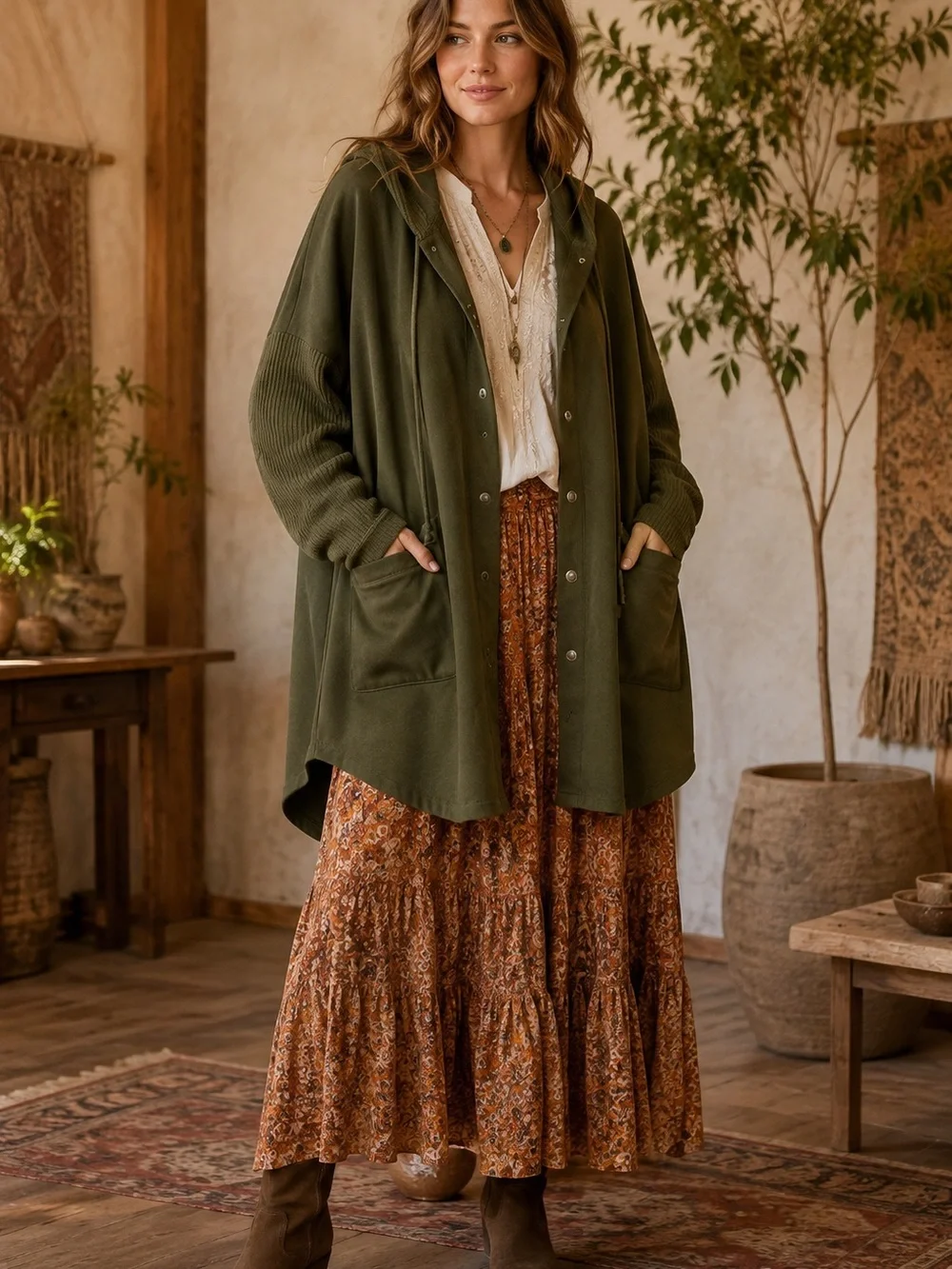 Olive Hooded Snap-Front Jacket Coat